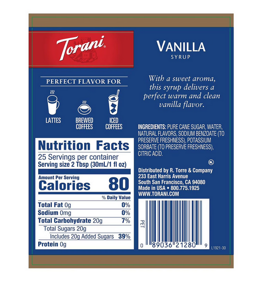 Torani Jarabe Para Bebidas Sabor Vainilla 750ml